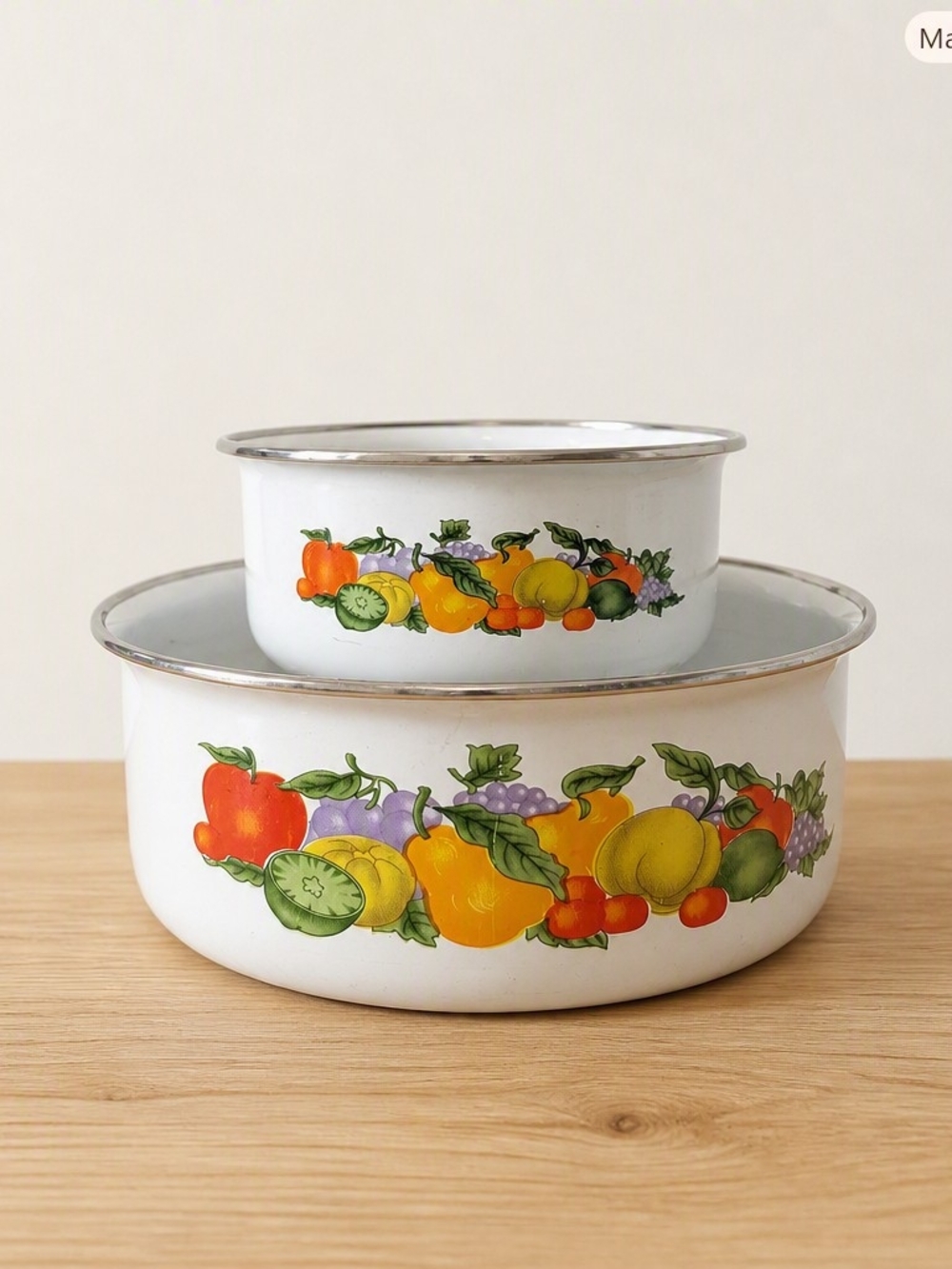 Vintage Fruit Pattern Enamel Nesting Bowls - Set of 2